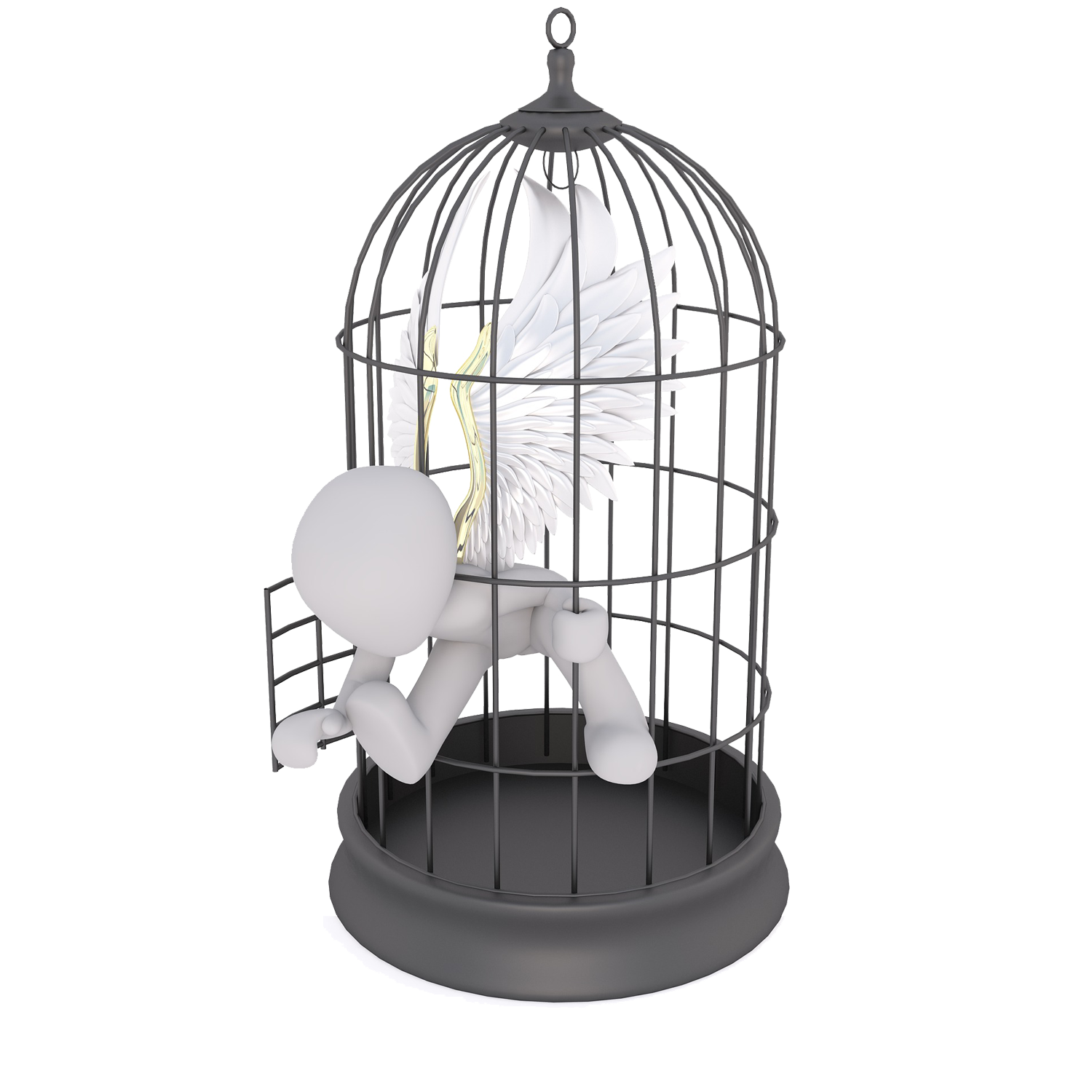 3D figure with wings escaping from bird cage