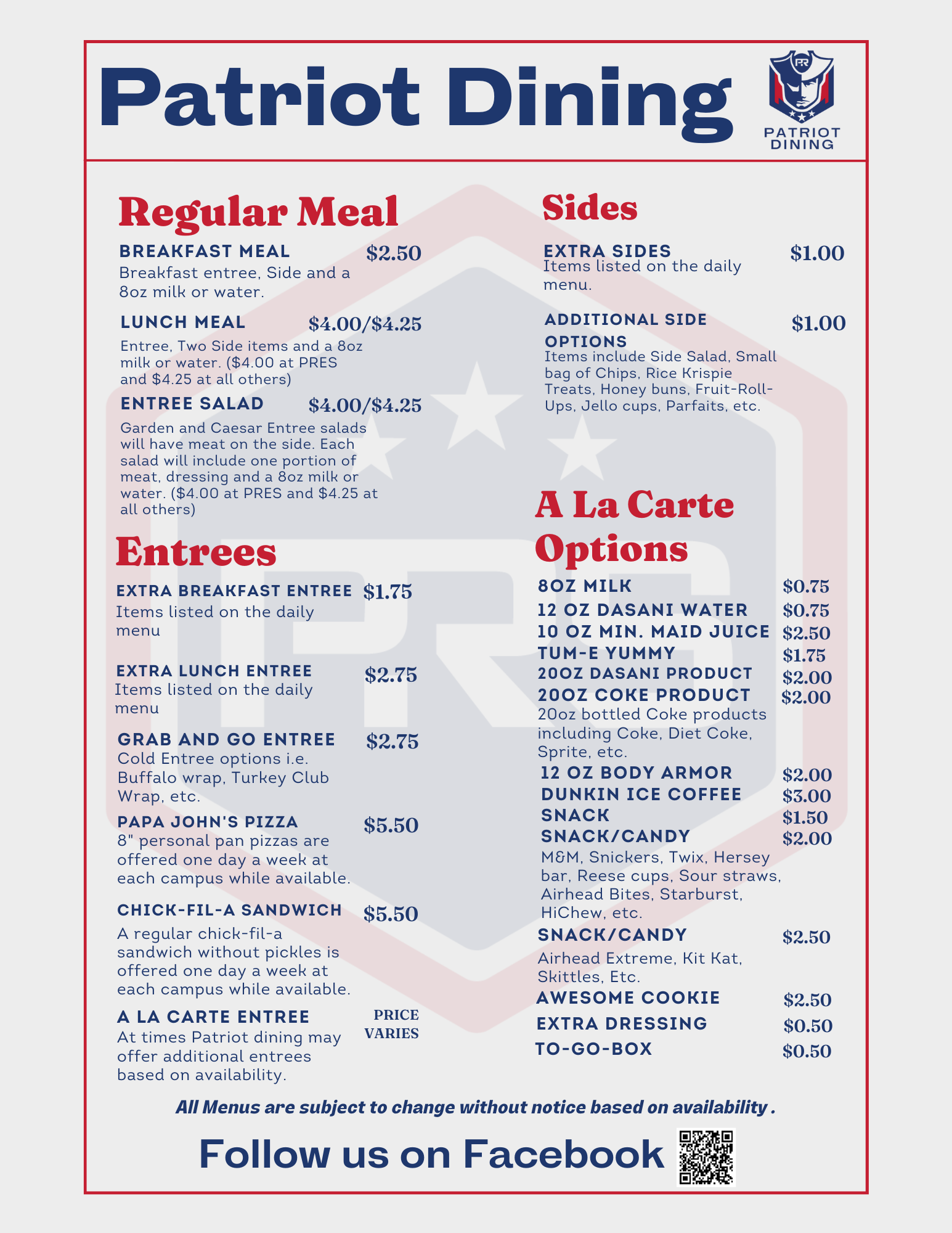 Menu Price List