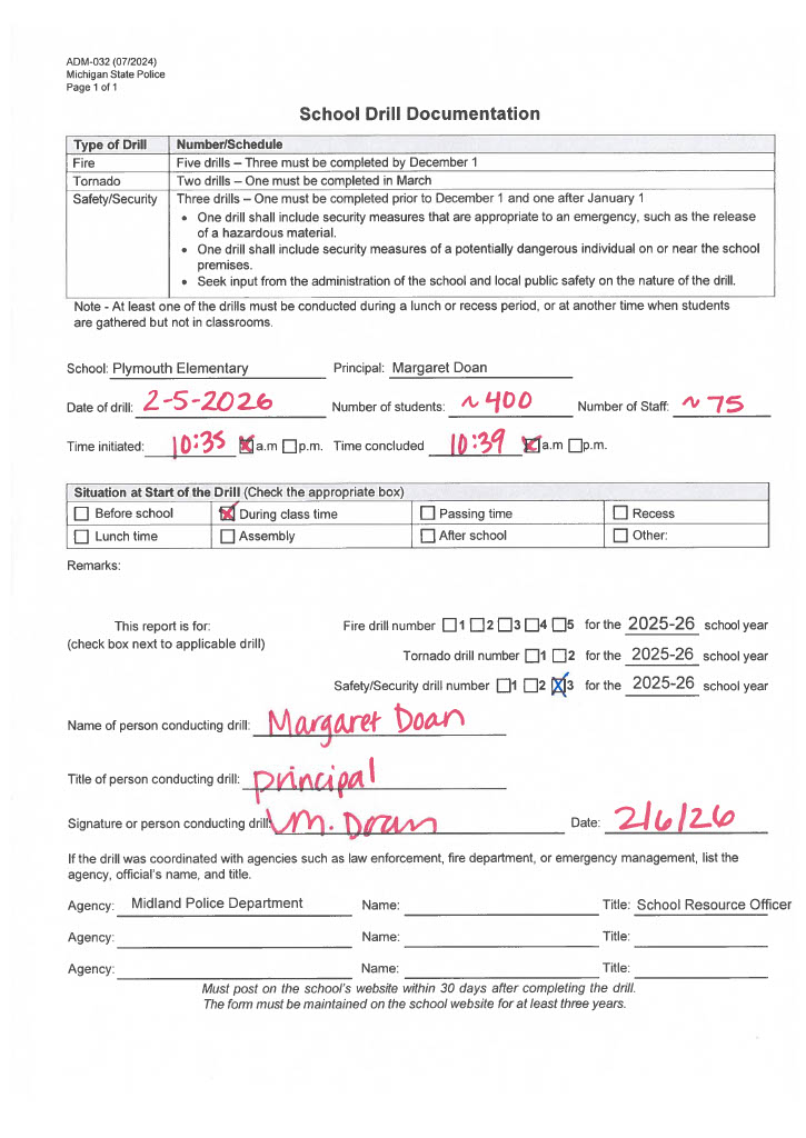 Form for Plymouth Elementary's third safety drill of 2025-2026 Form for Plymouth Elementary's third safety drill of 2025-2026