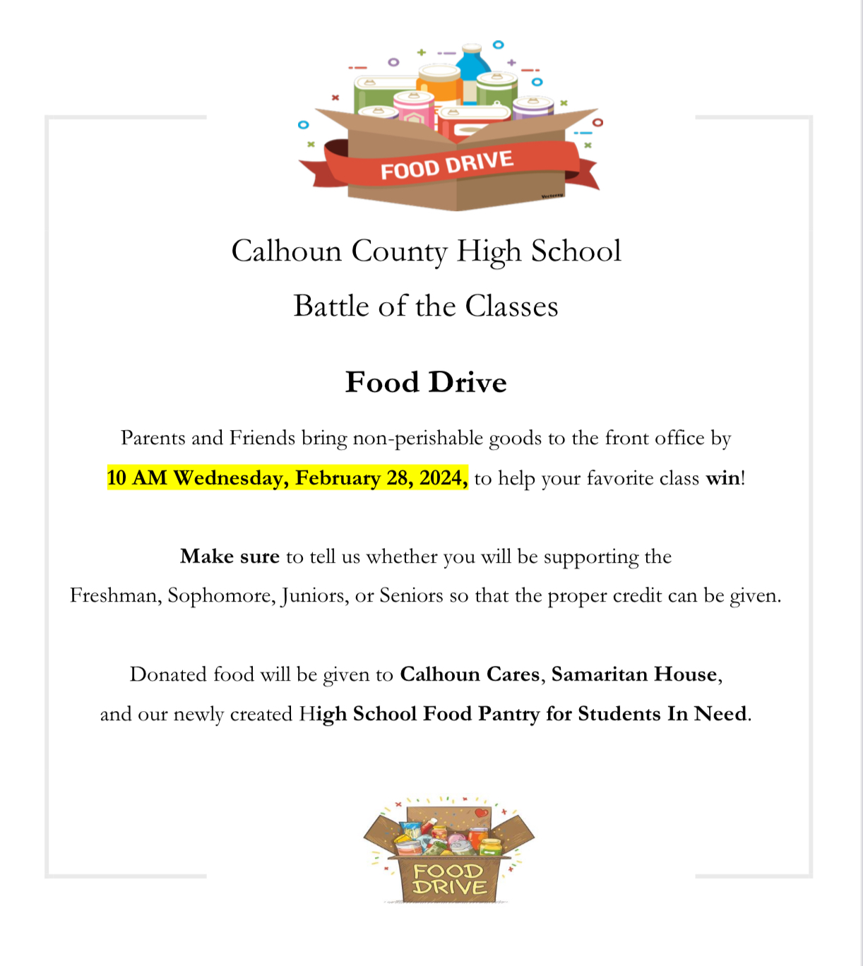 Our students at CCHS are hosting a good drive.  If you want to help, please bring your donation to the front office and let them know which class you are supporting.