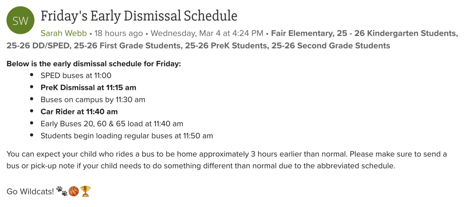 Early Dismissal Schedule