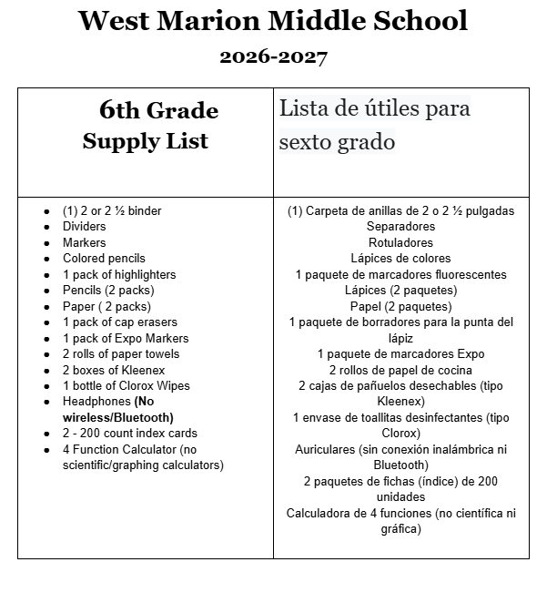 6th grade supply list