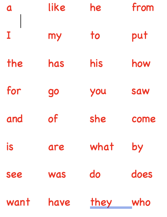 List of Kindergarten Site Words