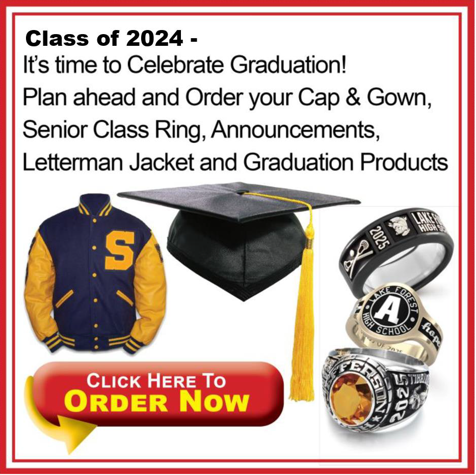 image of graduation items such as class rings, cap and gown, and letterman jacket