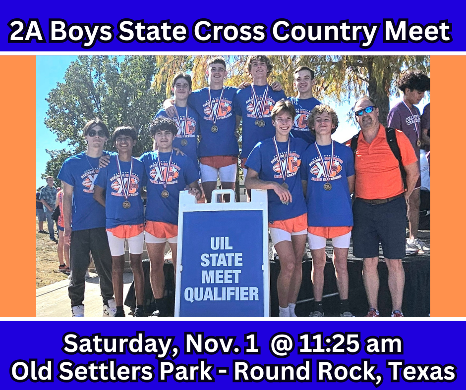 2A Boys State Cross Country meet at Old Settlers Park in Round rock Saturday, nov. 1 at 11:25 am 