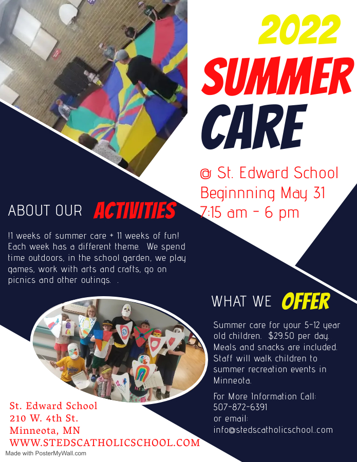 Poster for Summer Care at St. Edward School in Minneota, MN.