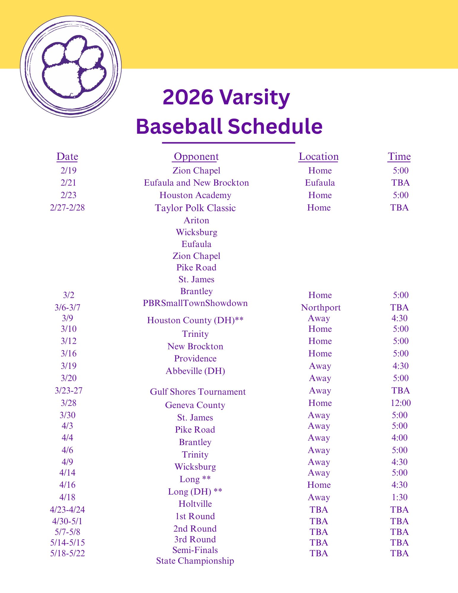 varsity baseball 2026 schedule