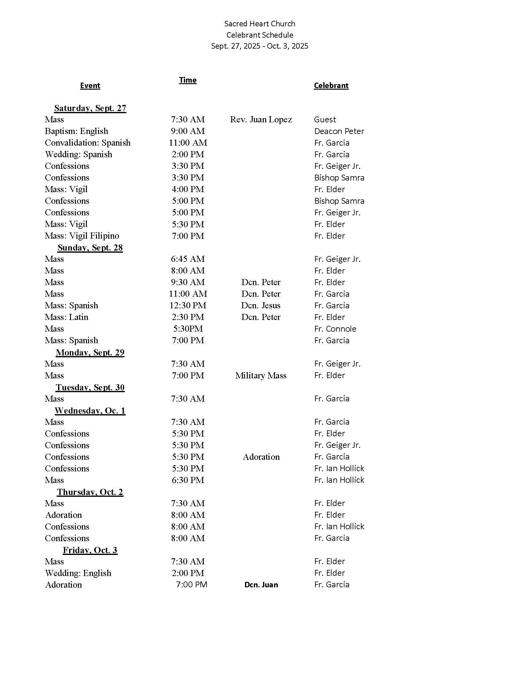 celebrant schedule