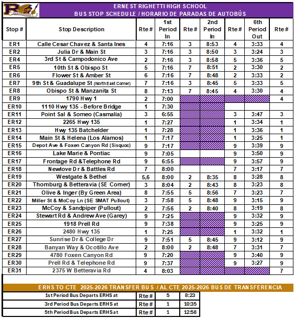 ERHS 2025-2026 School Bus Schedule