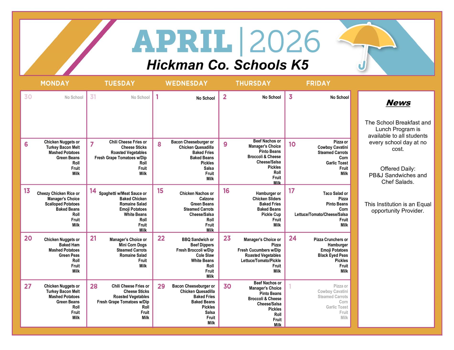 Lunch menus for the elementary & intermediate schools