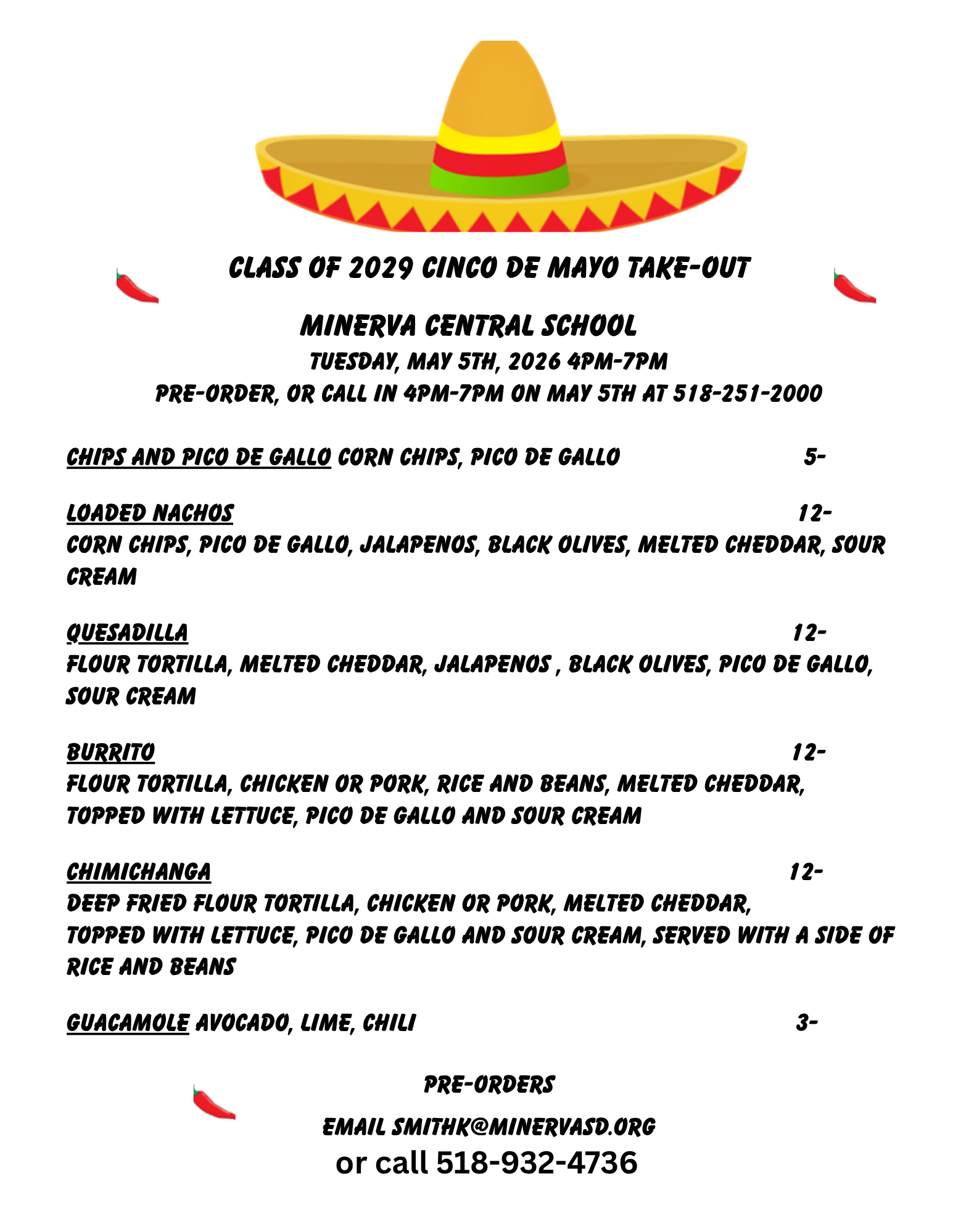 Cinco de Mayo Fundraiser flyer May 5 4-7 pm call 518 251 2000 for more informatin