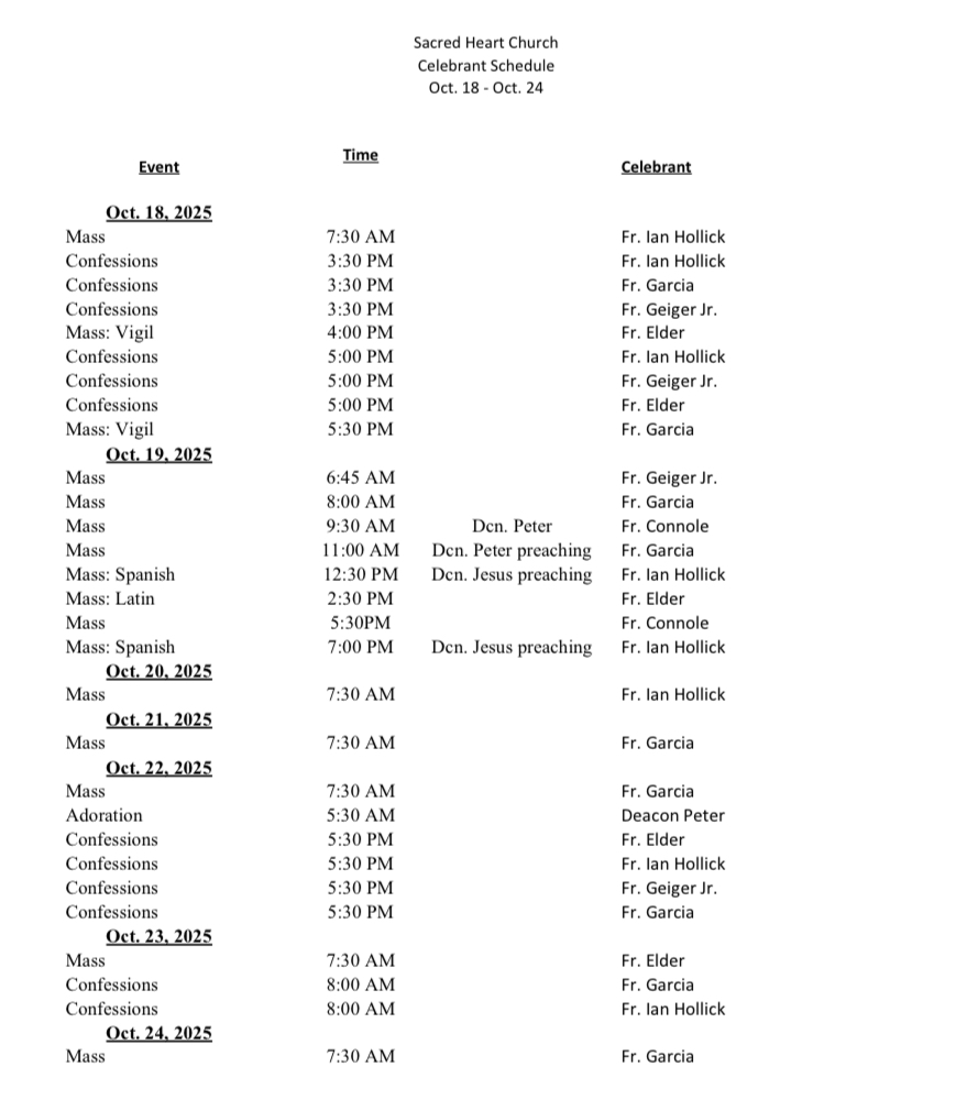 celebrant schedule