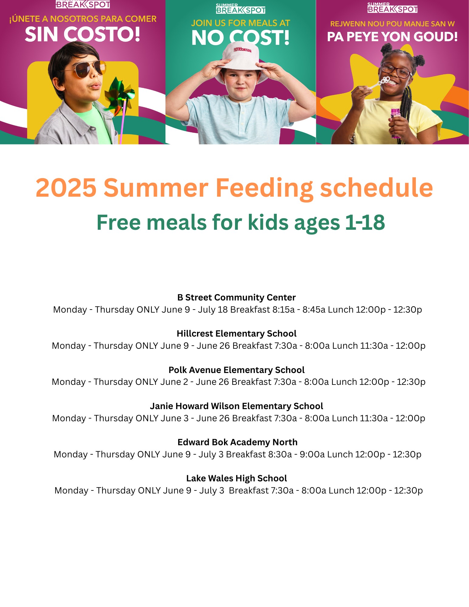 Summer Feed Sites and Times Summer Feed Sites and Times