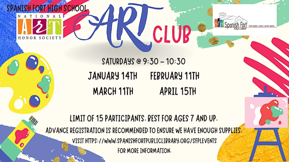  SFHS Art Honors Students host an art club for kids age 7 & up one Saturday a month thru April. Registration Required. See calendar for details.