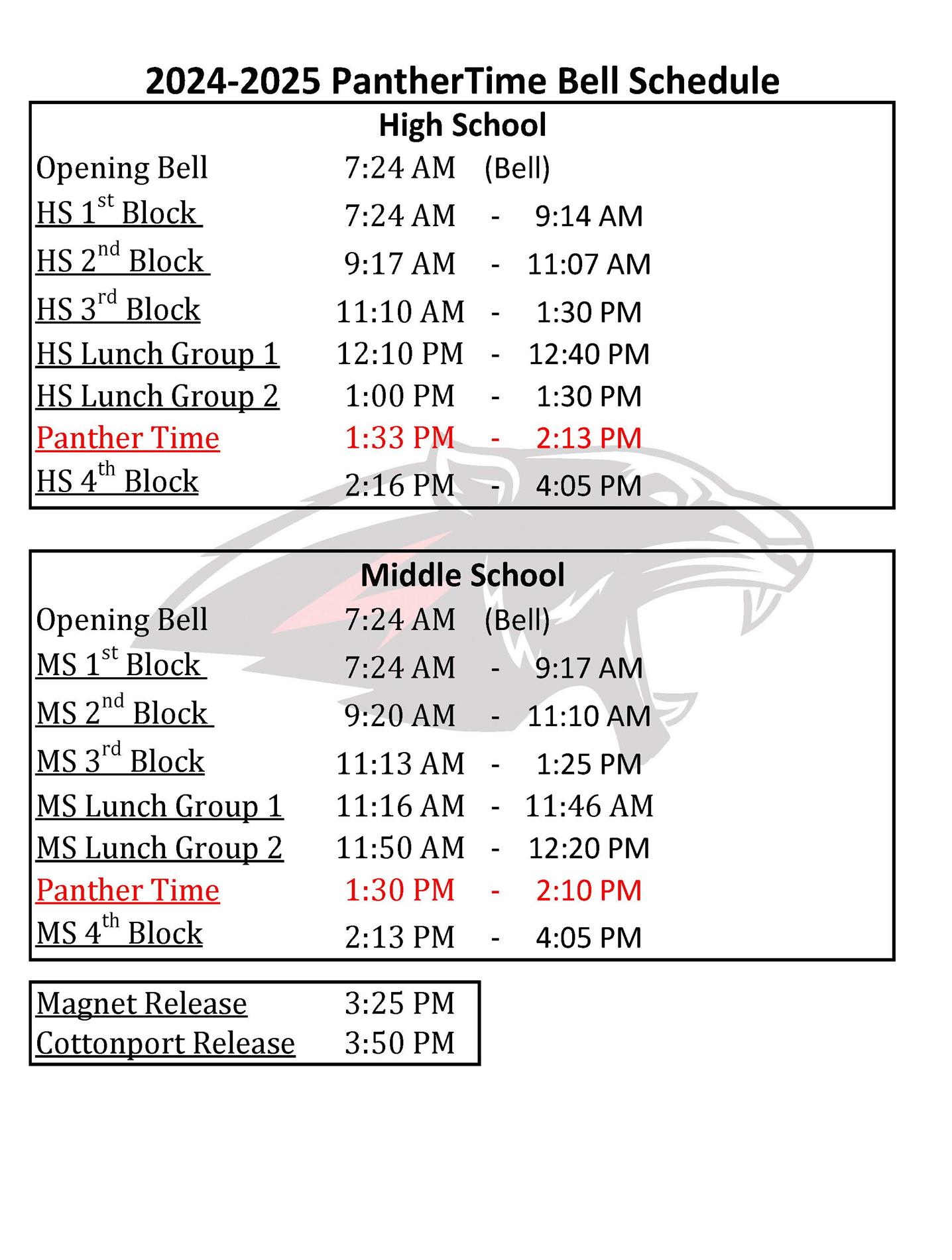 2023-2024 PantherTime Bell Schedule