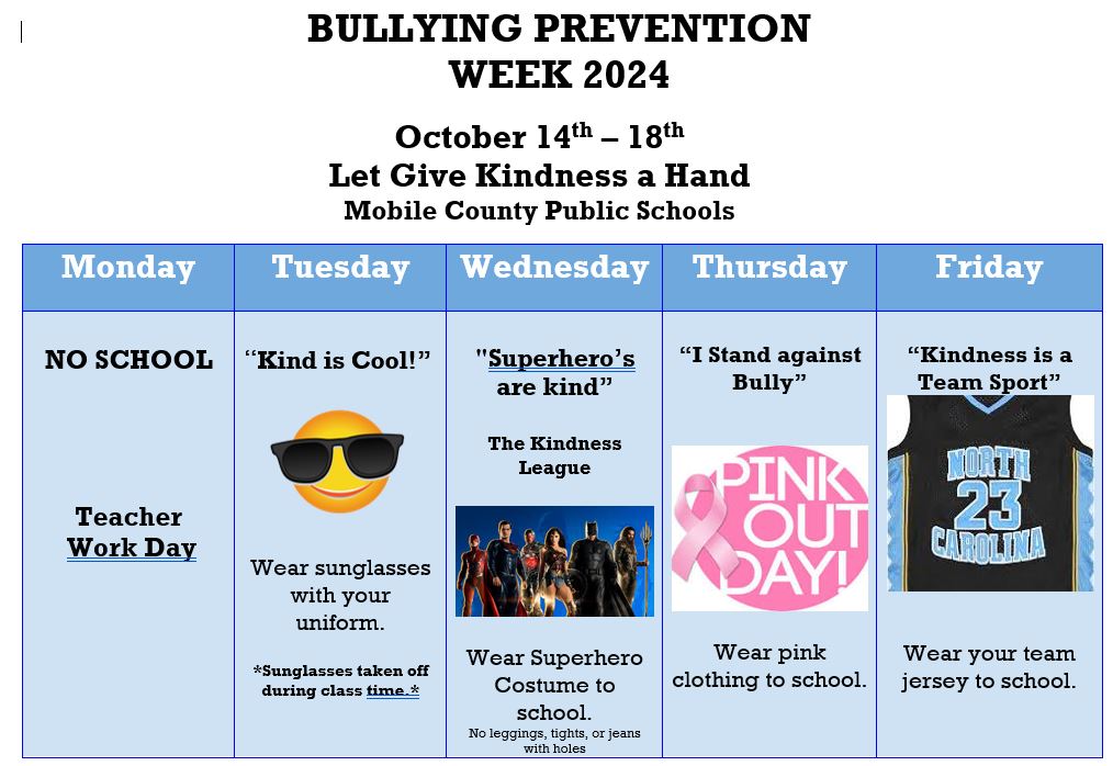 Bullying Prevention Week Dress Up Schedule