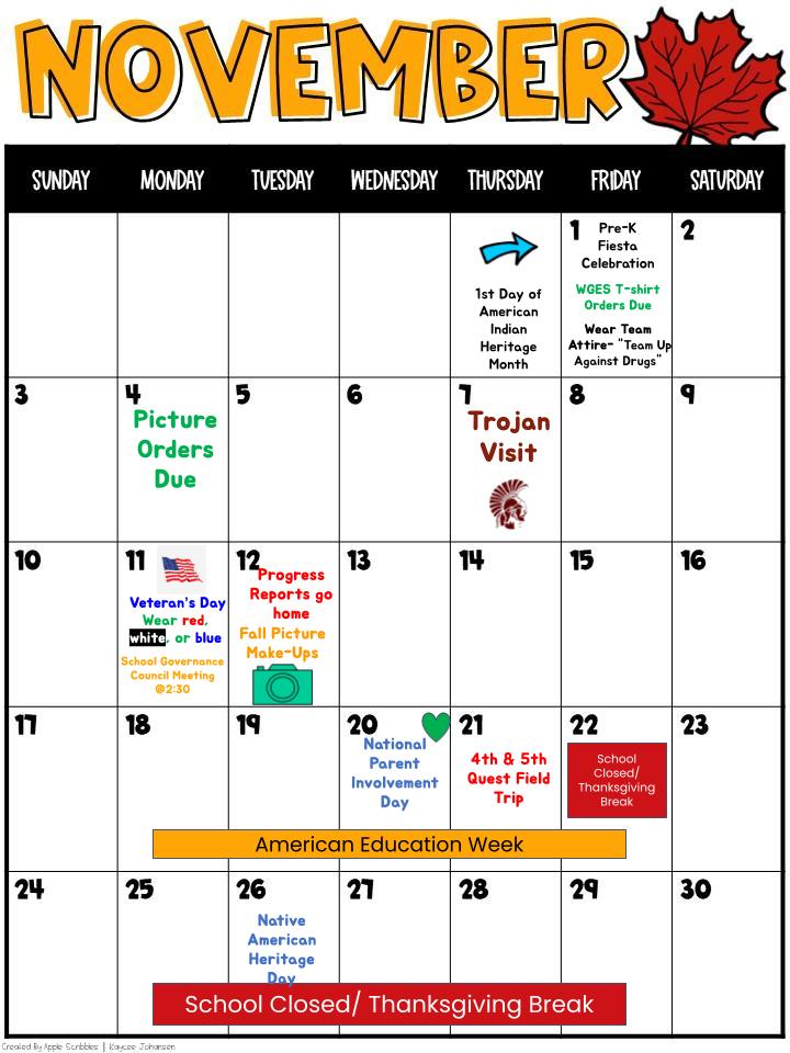 NOVEMBER SCHOOL CALENDAR (ENGLISH)