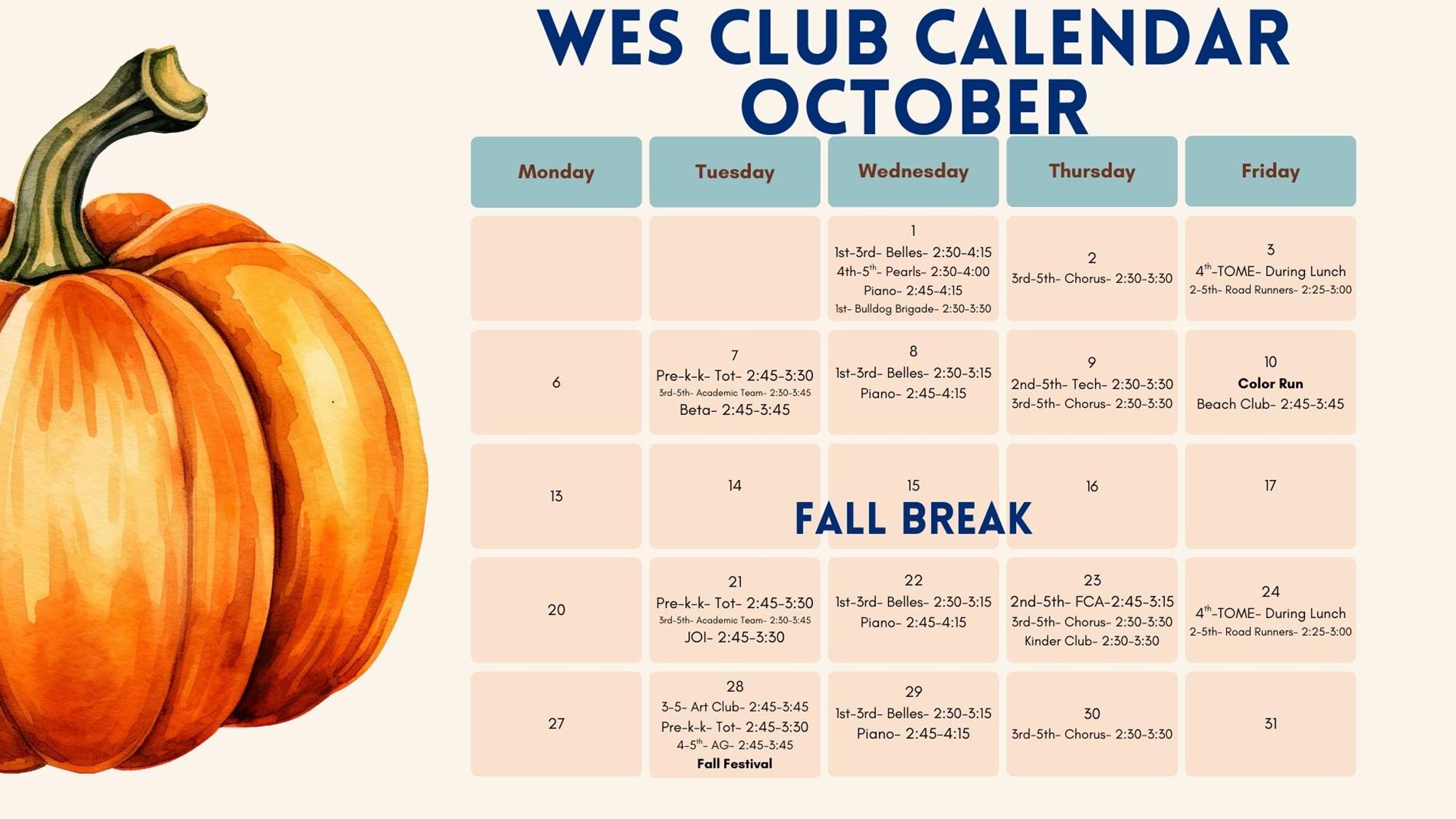 October Club Calendar