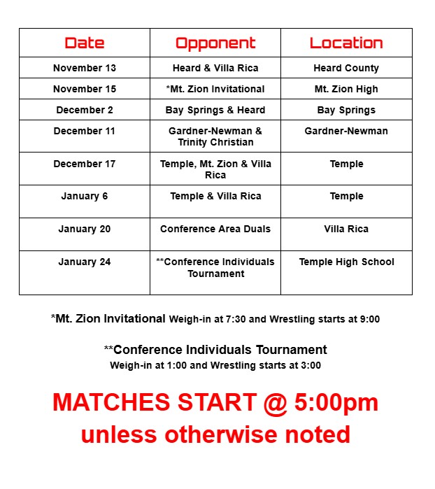 Wrestling Schedule 2025-2026