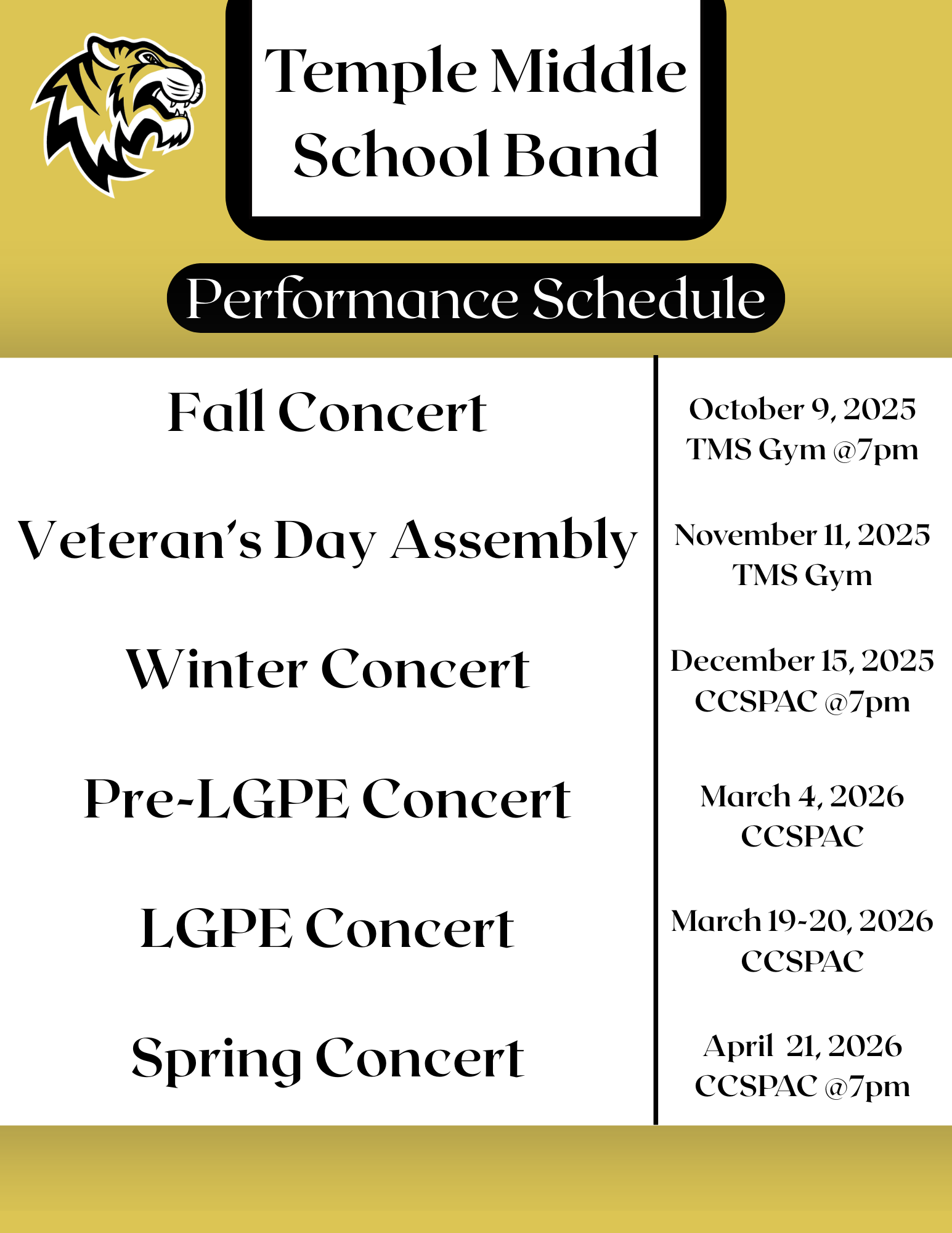 Temple Middle School Band Schedule