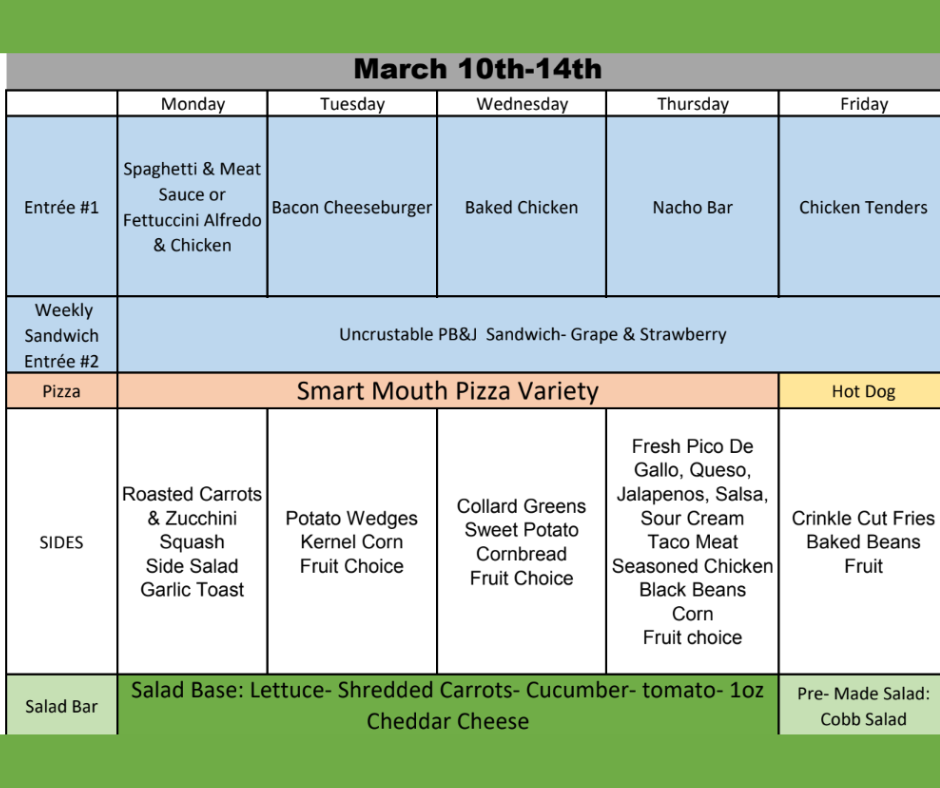 March 9th -13th Lunch Menu
