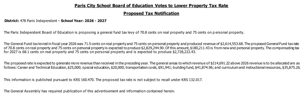 Paris City School Board of Education Votes to Lower Property Tax Rate Proposed Tax Notification