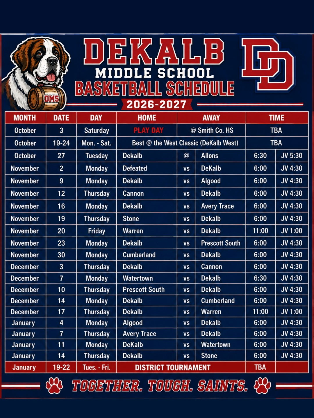 2026 DMS Basketball Schedule