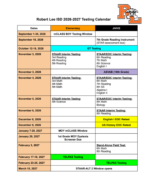 Robert Lee ISD 2026-2027 Testing Calendar