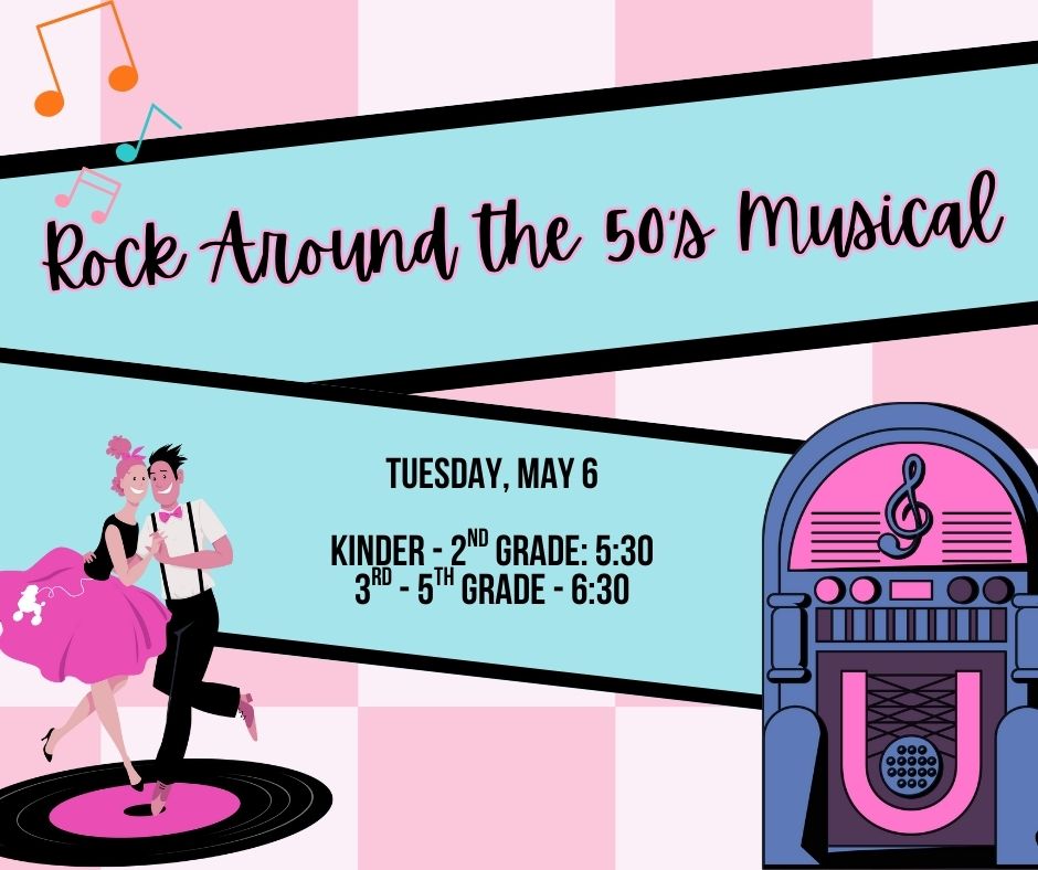 📢REMINDER📢  The elementary 𝑹𝒐𝒄𝒌 𝑨𝒓𝒐𝒖𝒏𝒅 𝒕𝒉𝒆 50'𝒔 𝑴𝒖𝒔𝒊𝒄𝒂𝒍 is Tuesday, May 6! 🎶 Get ready to rock around the clock as our talented elementary students take you back to the 1950s for a toe-tapping, jukebox-jumping musical performance! 🎸 🎤