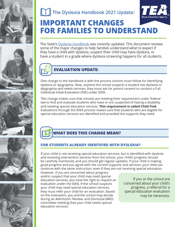 Dyslexia Handbook Important Changes for Families Flyer English Version