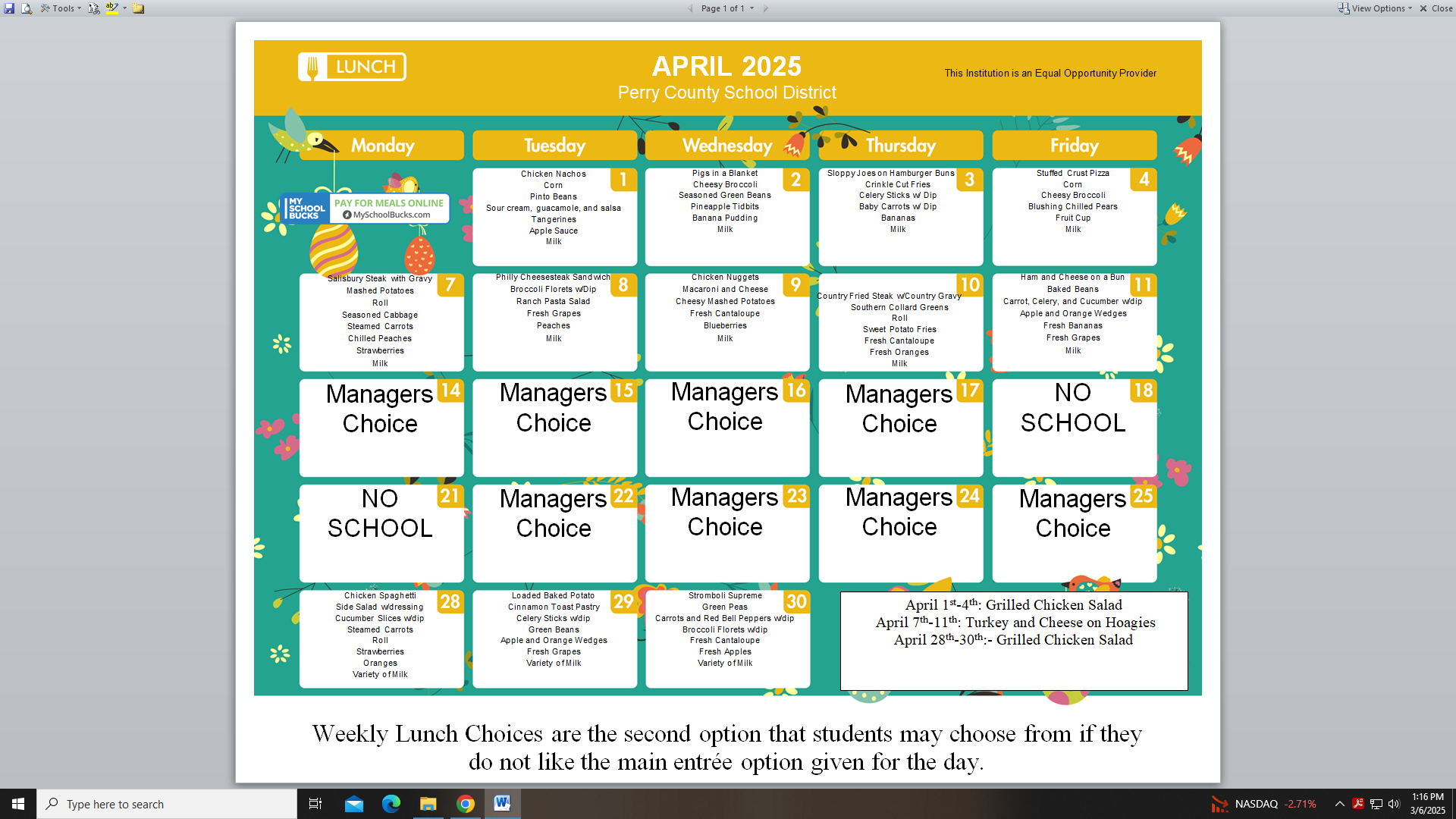 April Lunch Menu 2025