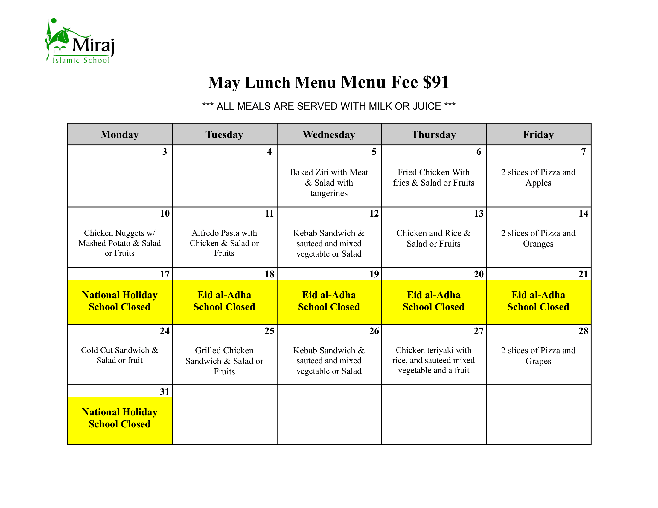 May Lunch Menu
