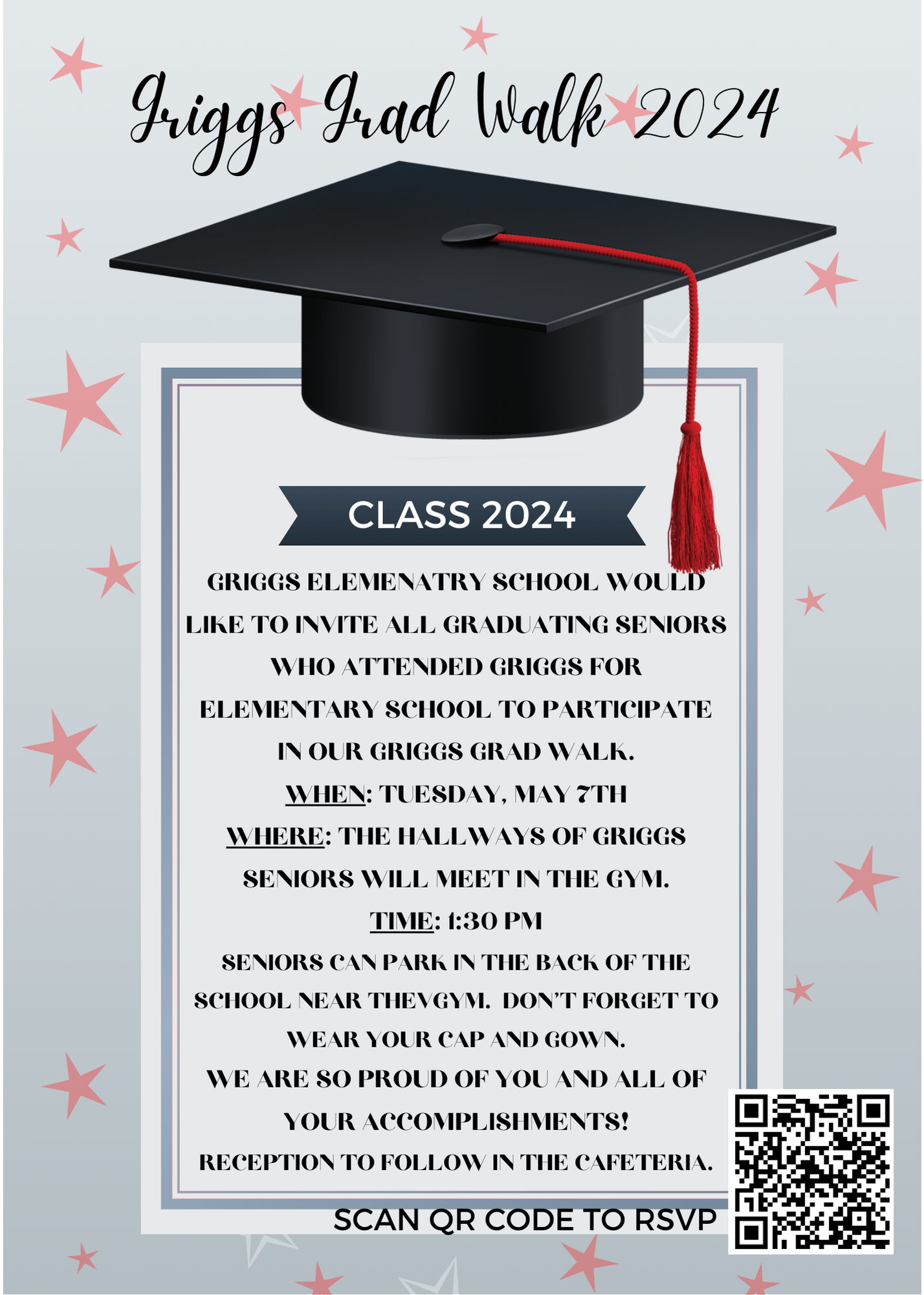 5/ 7 Griggs Grad walk flyer for 2024 with QR code to RSVP