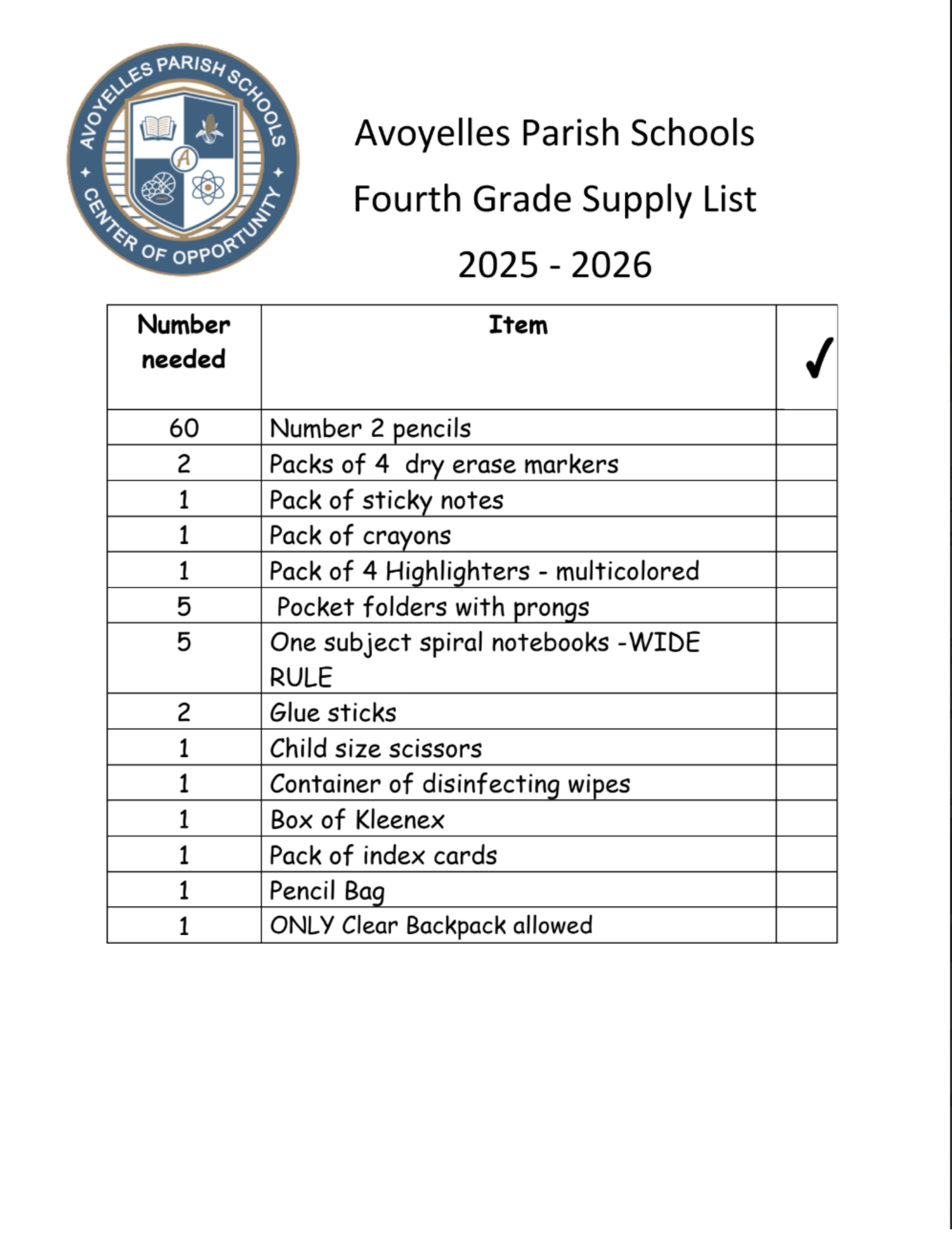 4th Supply list 25-26