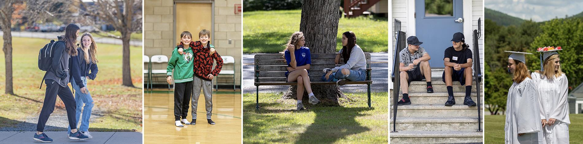 students walking, talking, working in pairs around school