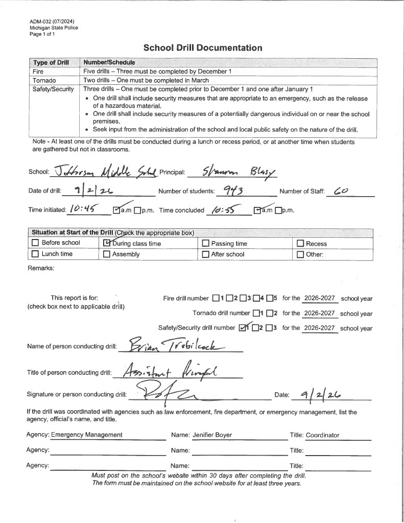 Jefferson Middle School safety drill form 2026-2027