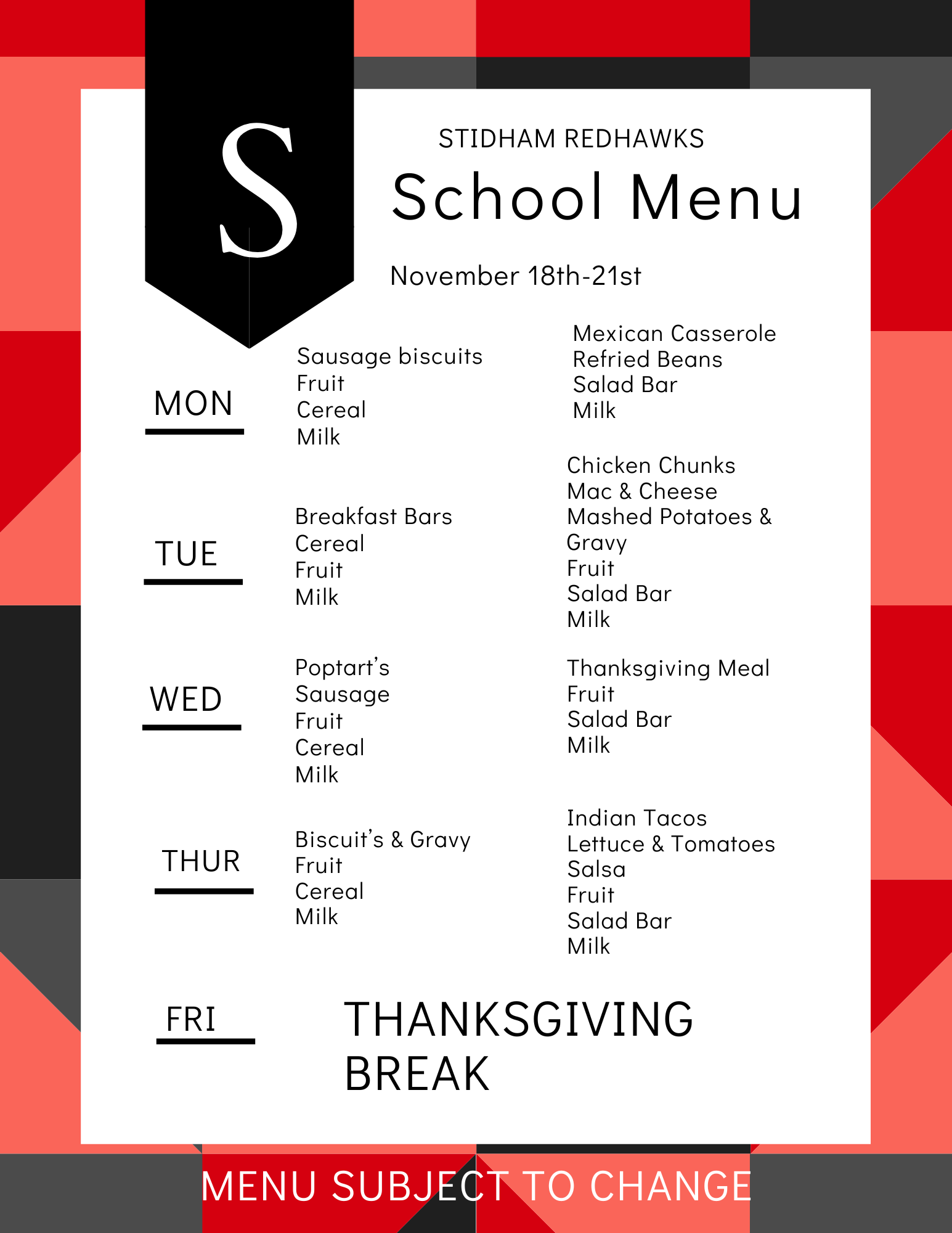 Nov 18th-21st Menu