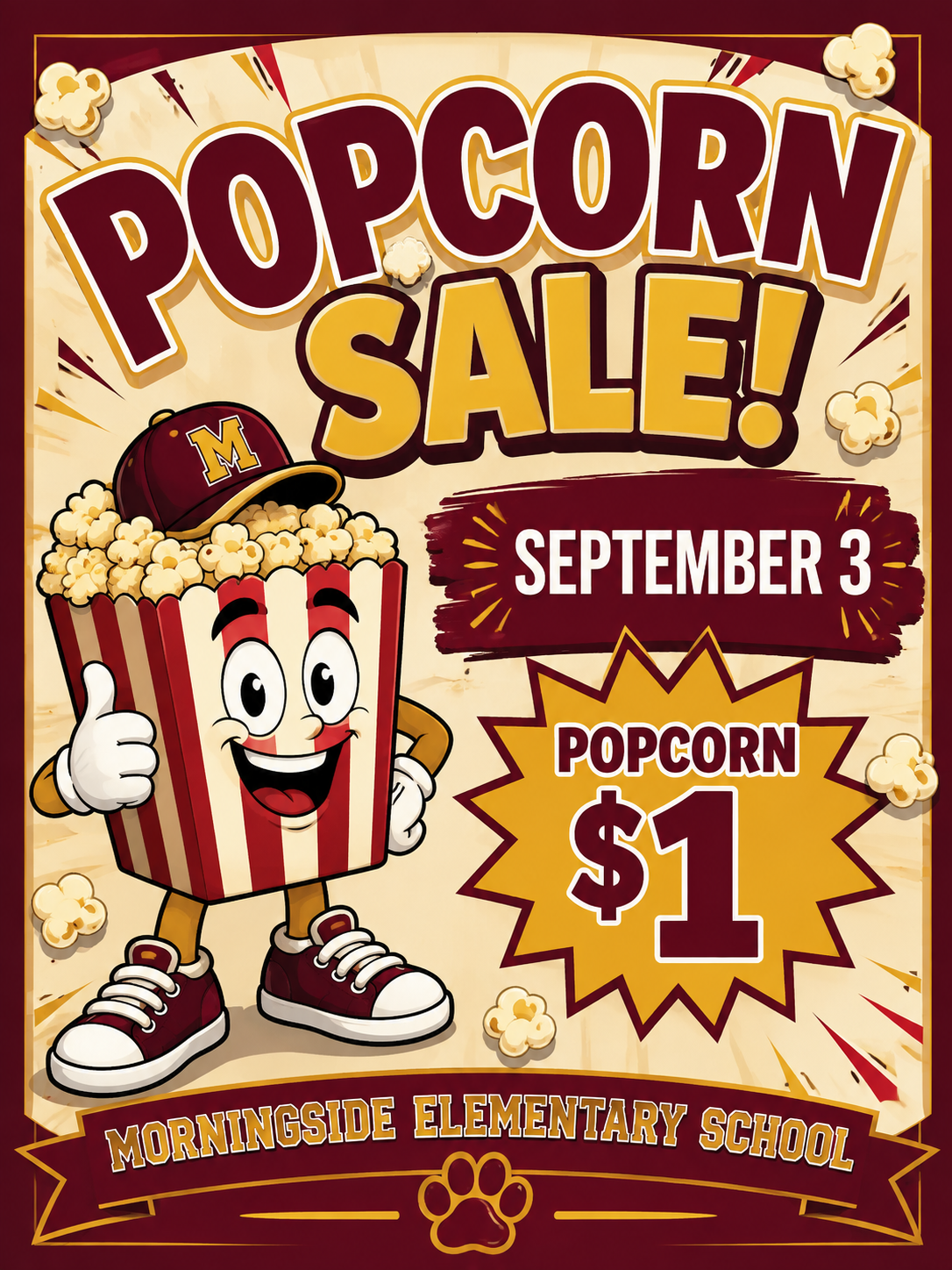 Popcorn Sale September 3rd. Popcorn is $1