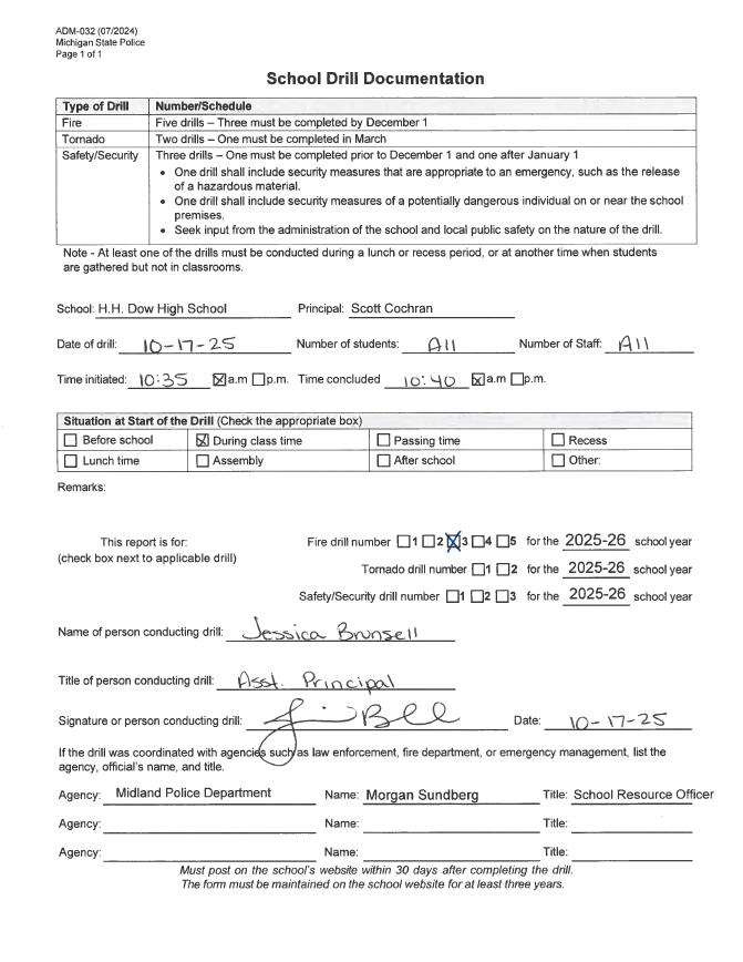 Form for Dow High School's third fire drill of 2025-2026