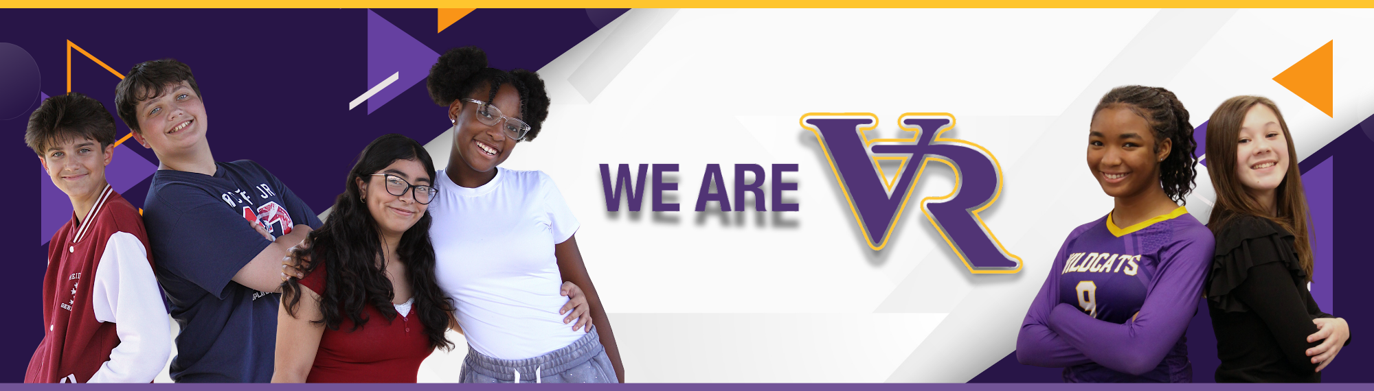 6 students posing for photo with purple, gold, and white background. We Are VR.