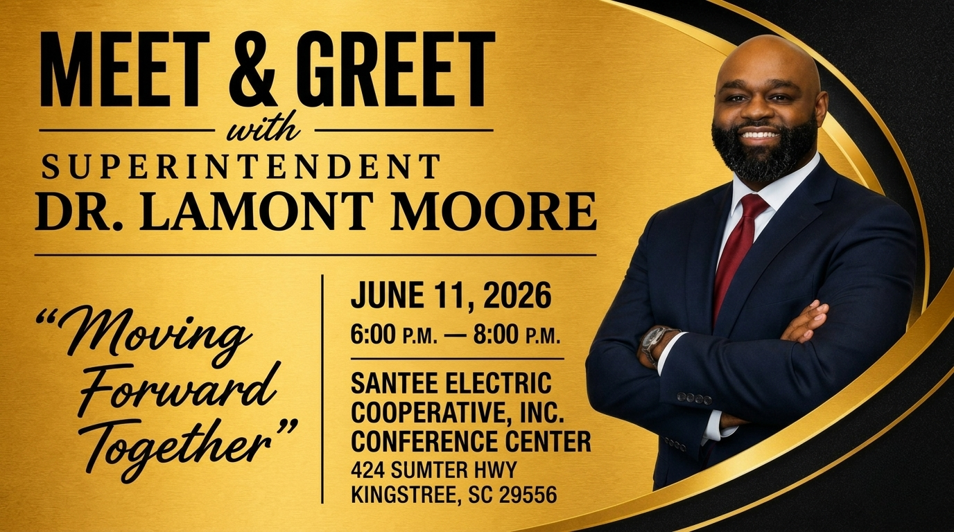 A wide, landscape-oriented event invitation graphic for a "Meet & Greet" with Williamsburg County School District Superintendent Dr. Lamont Moore. The background features a brushed gold texture bordered by sweeping black curves with thin gold trim. On the right side, Dr. Moore is shown from the waist up, smiling with crossed arms in a dark suit and red tie. The left and center sections present the text details in black, including the slogan "Moving Forward Together," the event date of June 11, 2026, from 6:00 p.m. to 8:00 p.m., and the location at Santee Electric Cooperative, Inc. Conference Center in Kingstree, SC. The school district's round emblem is located in the bottom-right corner.