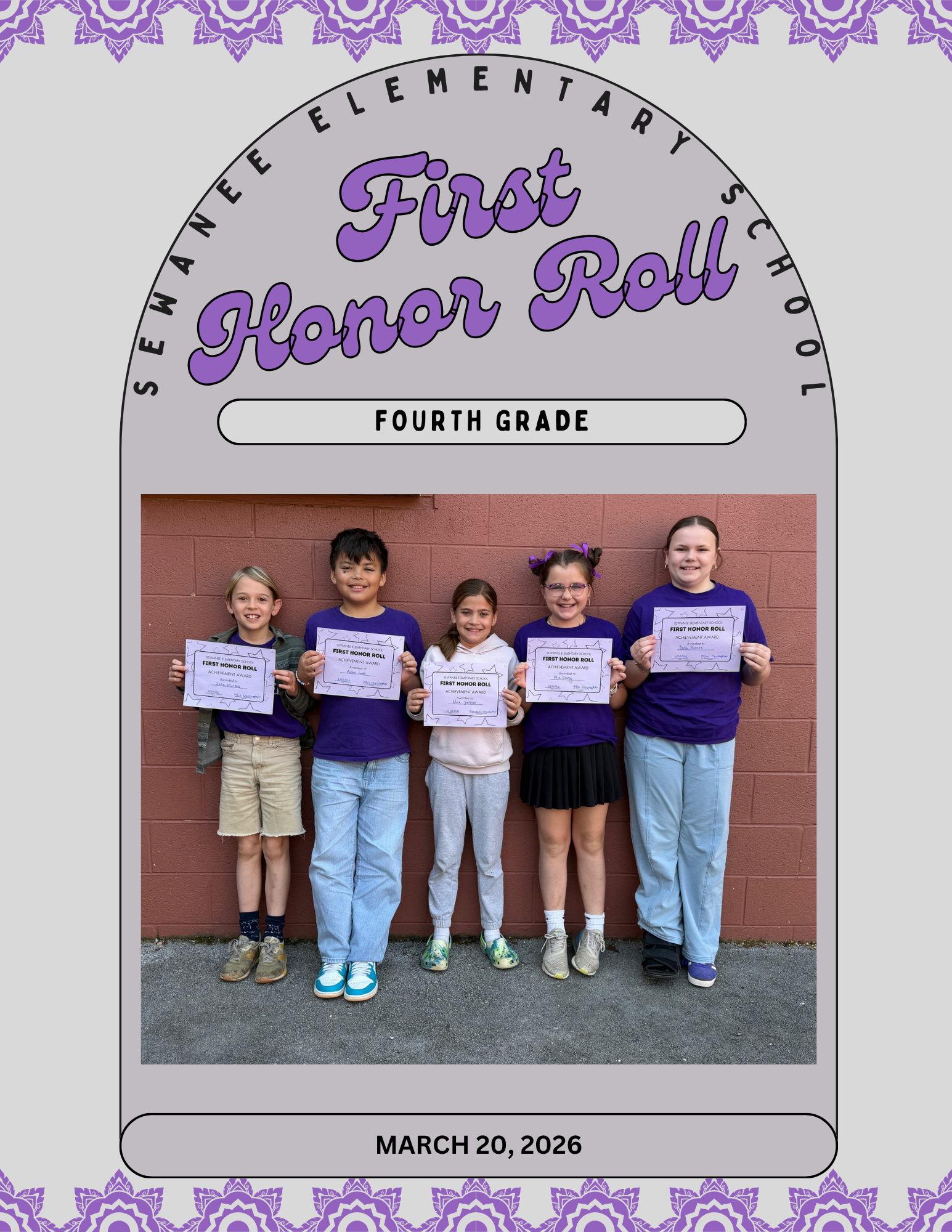 Sewanee Elementary School 4th Grade First Honor Roll - March 20, 2026