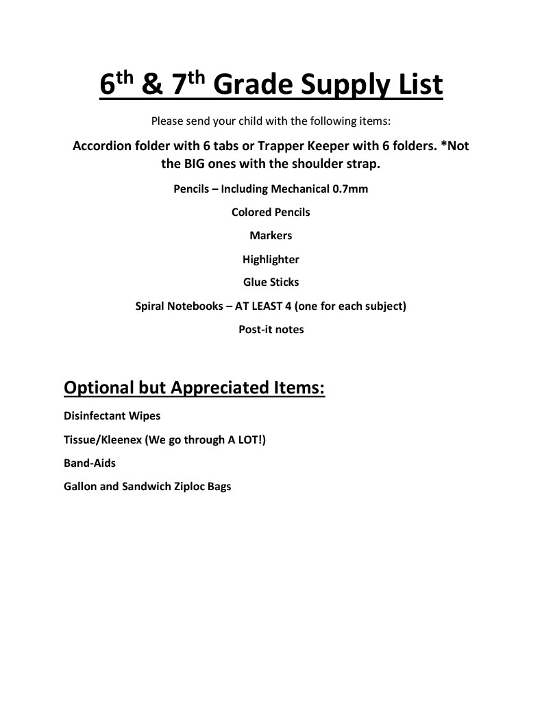 6th and 7th Grade School Supply List