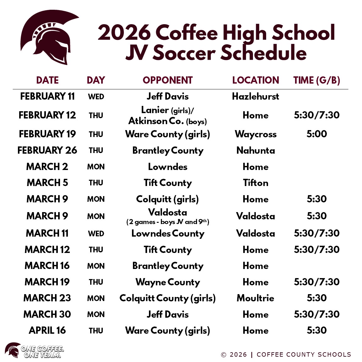 2026 CHS JV Soccer Schedule