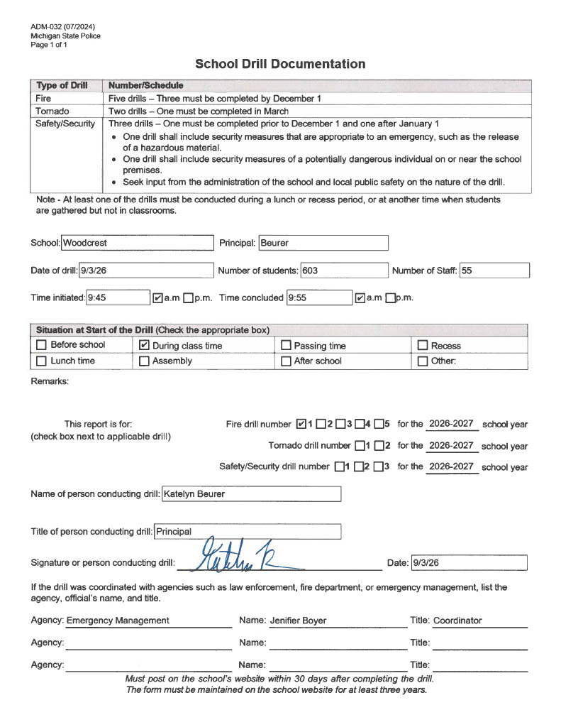 Woodcrest Elementary firedrill form 2026-2027