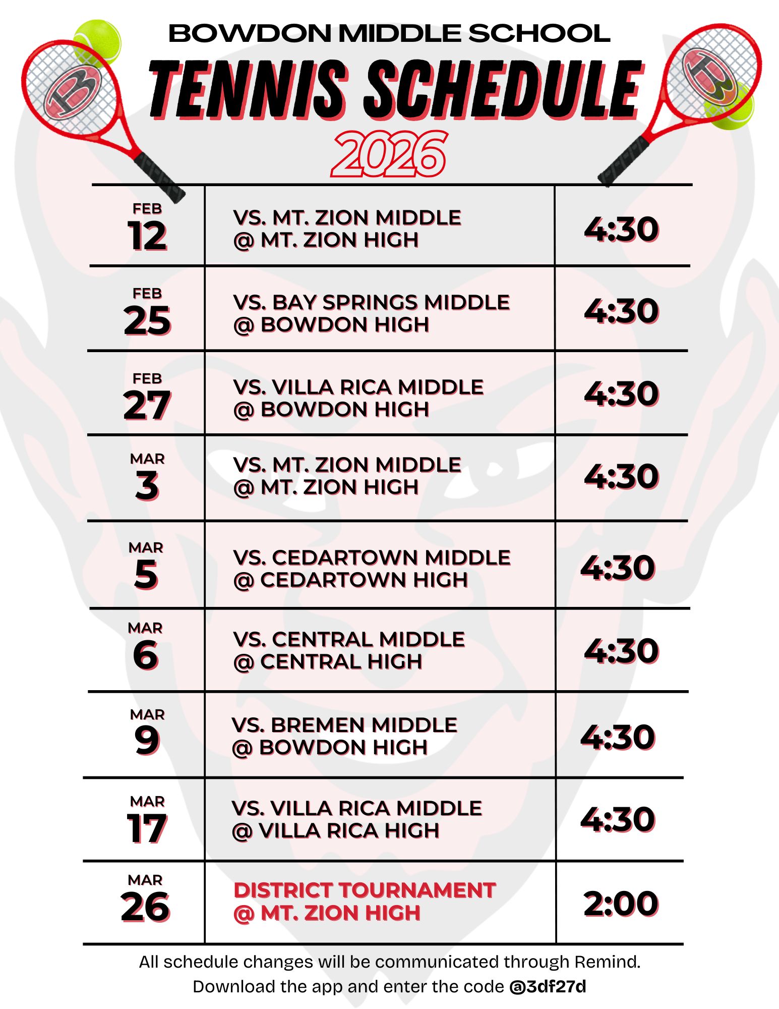 Tennis Schedule 2026