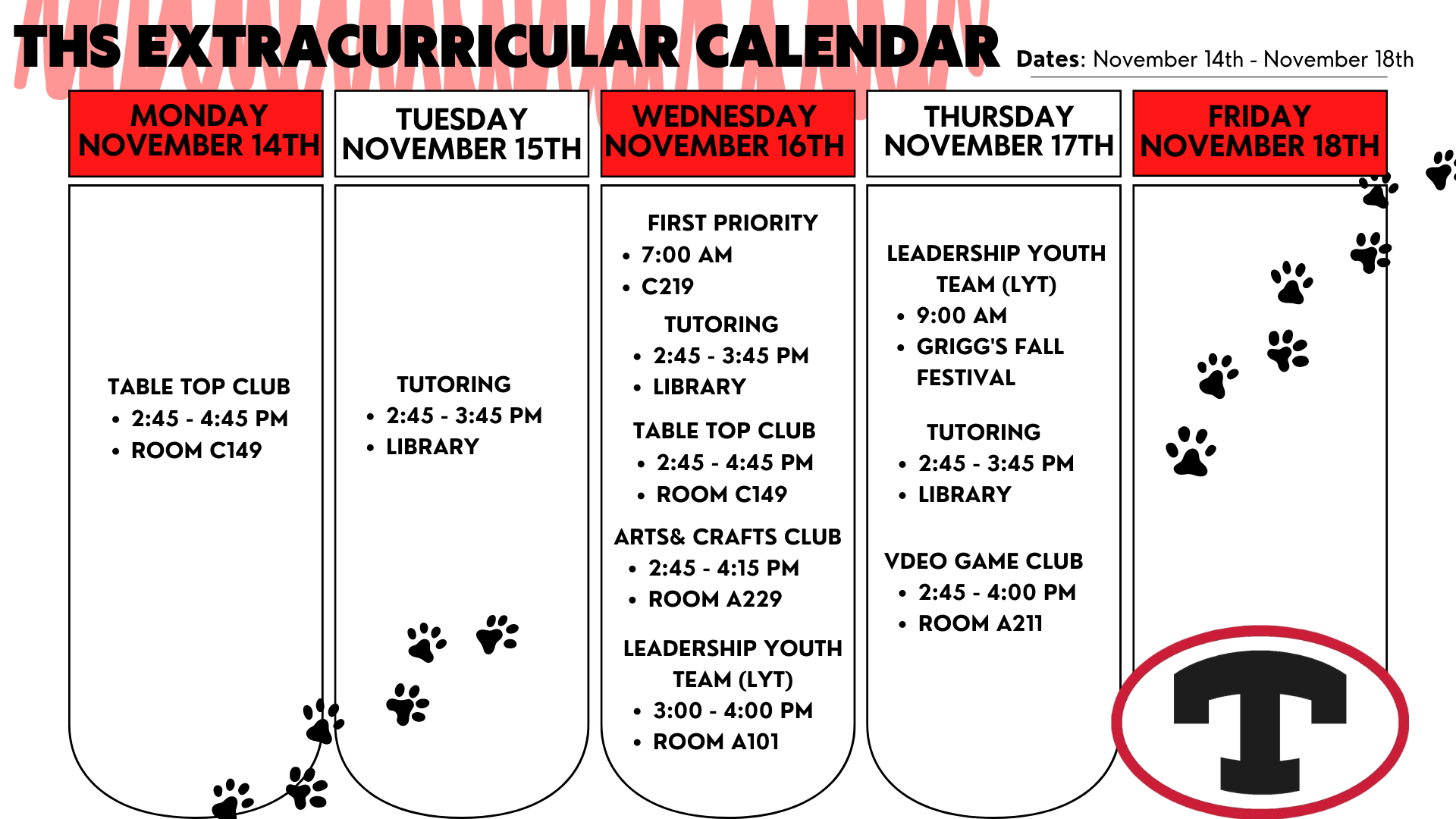 Weekly Activities 11/14 - 11/18