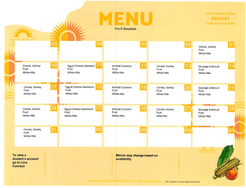 Pre-K August Breakfast Menu