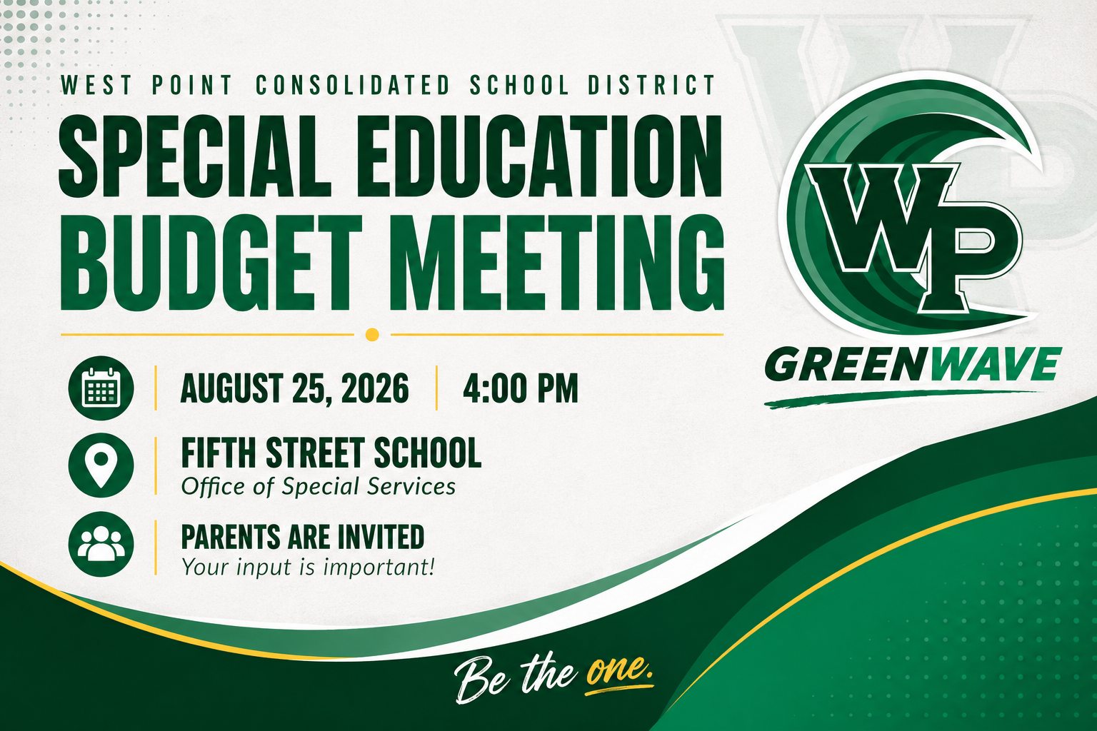 Special Education Budget Meeting, August 25, 2026 at 4:00 PM at Fifth Street School, Office of Special Services. Special Education Budget Meeting, August 25, 2026 at 4:00 PM at Fifth Street School, Office of Special Services.