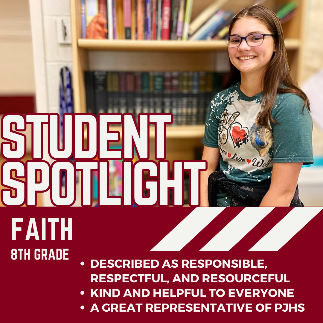 Faith smiling in front of a bookcase with the words "student Spotlight"